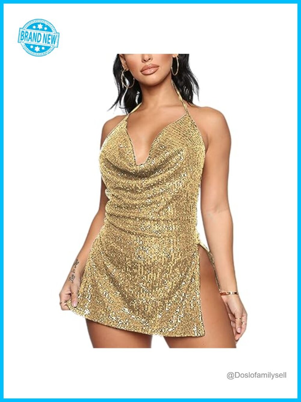 Sequin Halter Mini Dress with Split Hem
